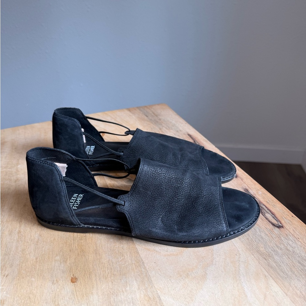 Eileen Fisher black suede leather avarcas sandals slides women’s shoes 9 - Picture 2 of 10